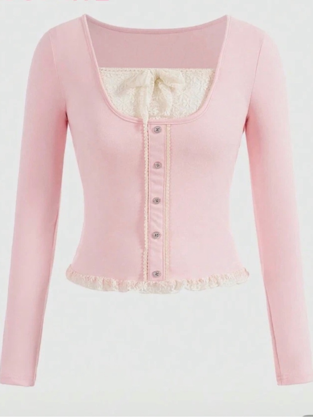 Pink Ribbed Babydoll Top Shirt Long Sleeve Milkmaid Cottagecore Tie Front Sz M